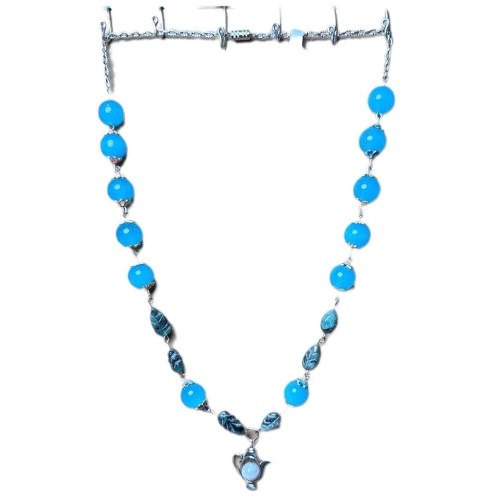 Necklace Opal with chalcedony teapot and Emerald leaf  handmade